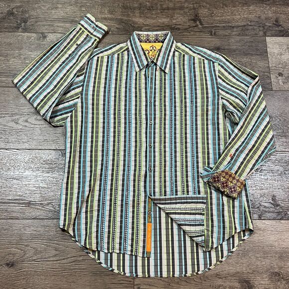 Robert Graham Blue Green Multicolor Stripe Long Sleeve Shirt - Men's Large